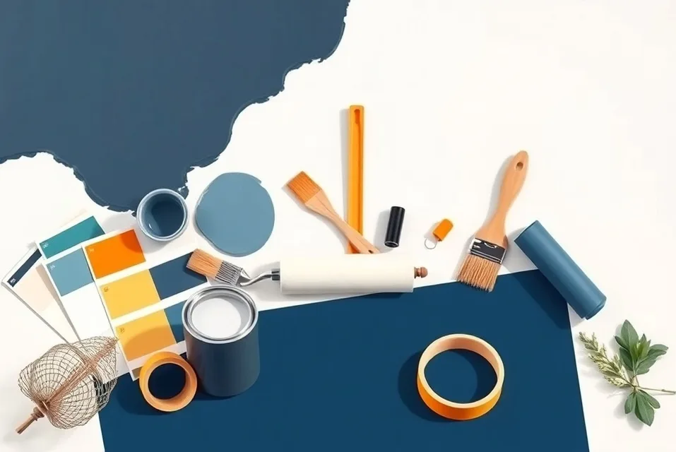Pots de peinture, nuancier, brosses et rouleaux disposés à plat