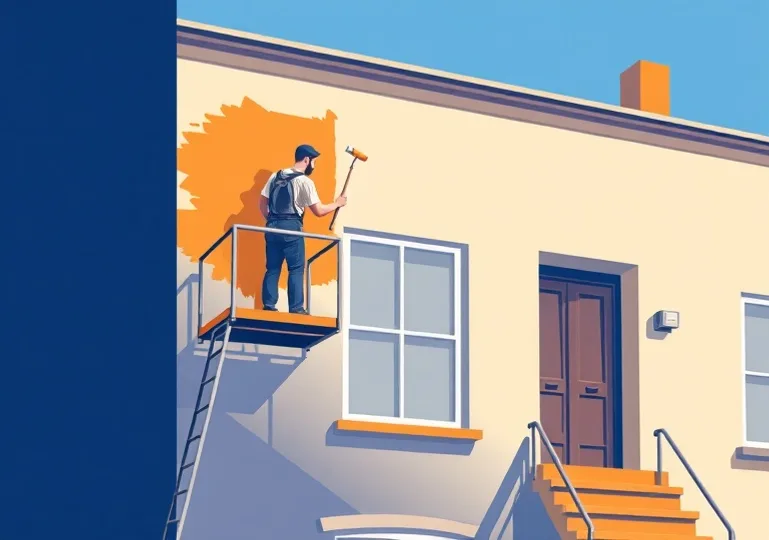 Peintre sur échafaudage traitant la façade d'une maison