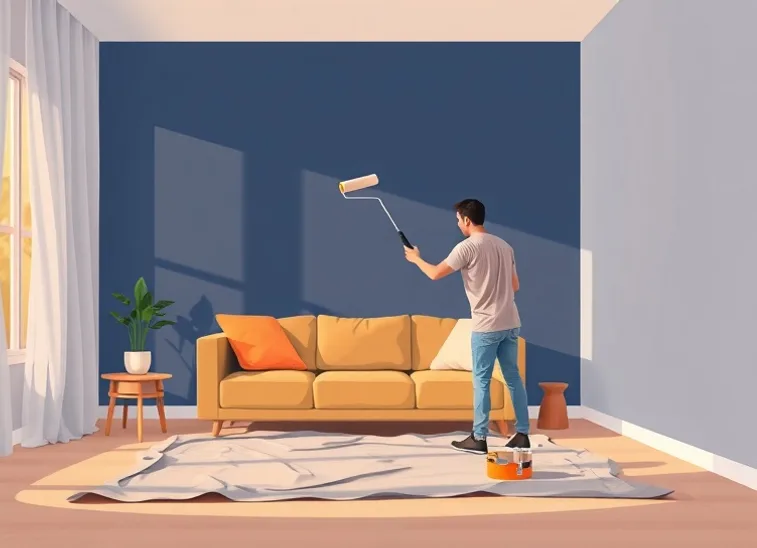 Peintre appliquant la peinture au rouleau sur un mur de salon